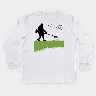 Bigfoot Mowing the Lawn Owner Grass Cutting Funny Sasquatch Kids Long Sleeve T-Shirt